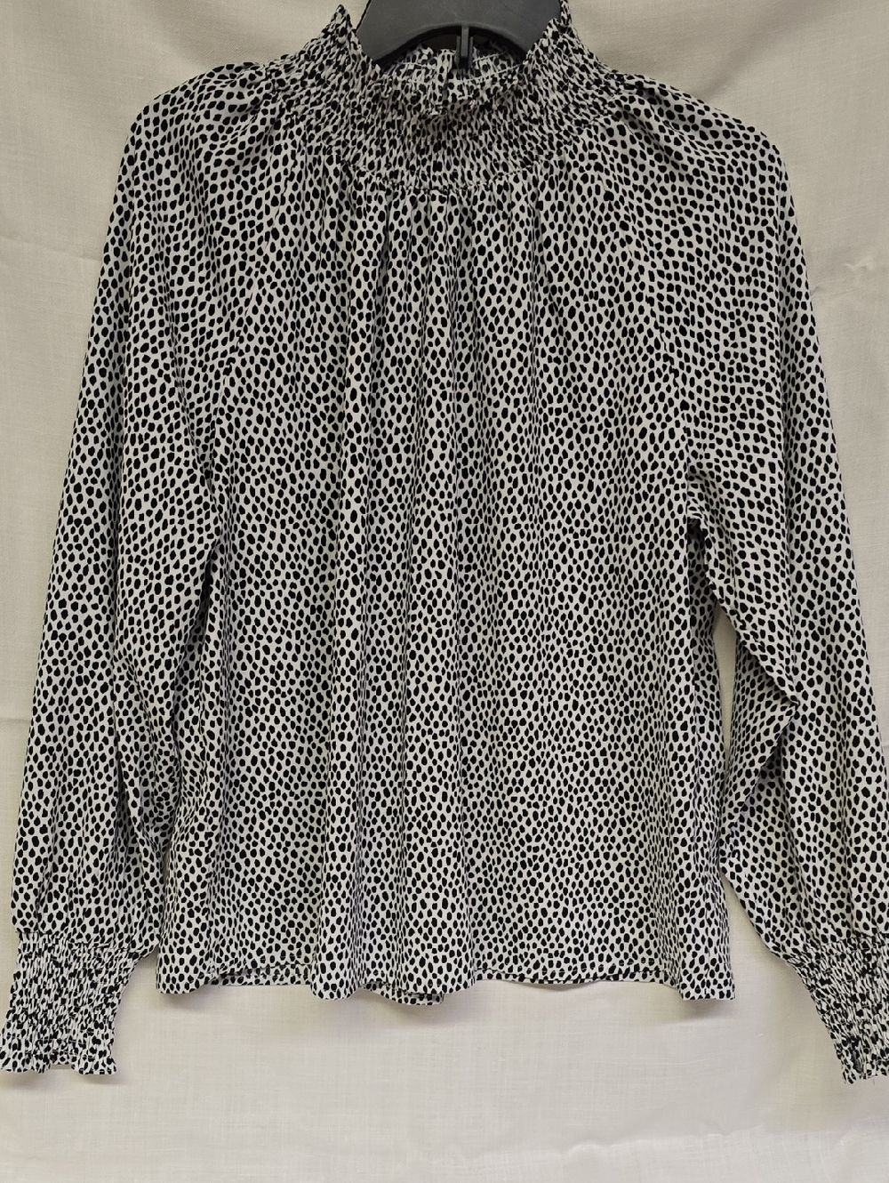 Nine West Black and White Smocked Neck Dot Print Blouse